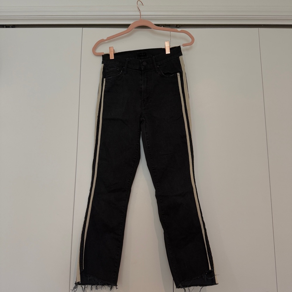 MOTHER Black and White Straight Leg Jeans with Sporty Stripes